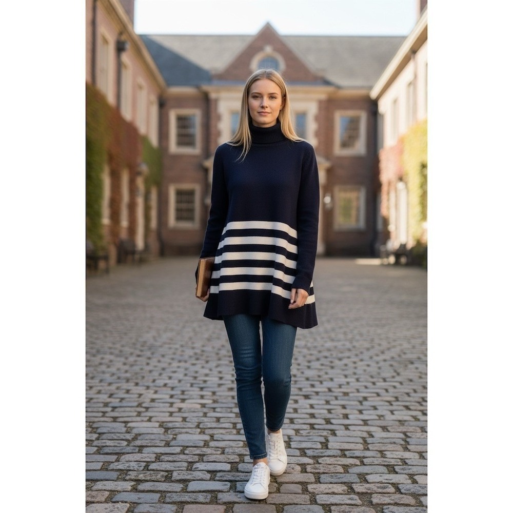 J.‎ Jill Sweater Womens XL Navy Blue & White Striped Turtleneck Tunic nautical